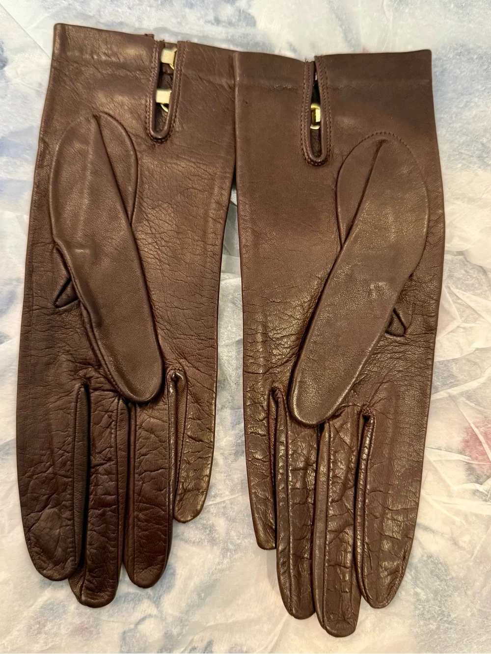 Classic Brown Leather Long Gloves with Gold Hardware
